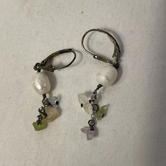 Elegant Multicolored Natural Gemstone Faux Pearl 16" Choker Matching Earring 925 - Picture 6 of 9